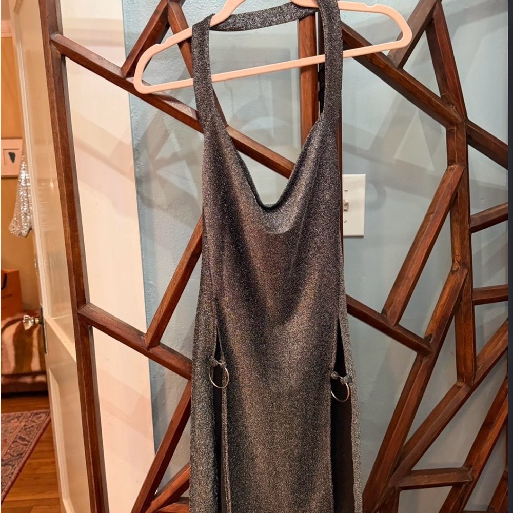 Metallic Silver Halter Dress with Ring Detail